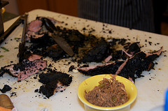 A tabled covered in burned food.