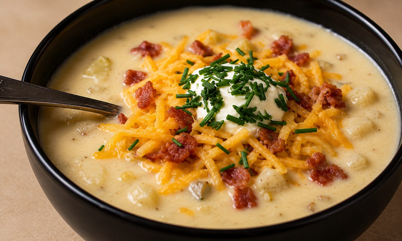 Close-up of Chef Pablo's Outback Steakhouse potato soup recipe with cheese, crispy bacon, sour cream, and chives