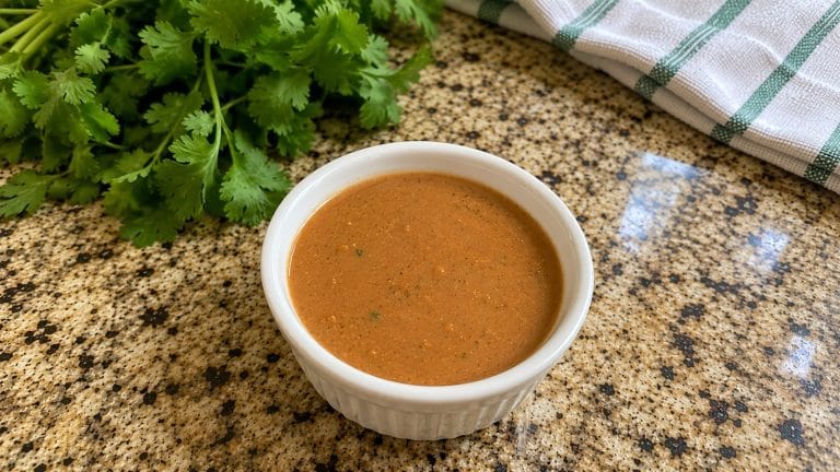 Cheesecake Factory Tamarind Cashew Dipping Sauce in a white ramekin with fresh cilantro on a granite kitchen countertop