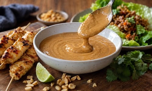 Close-up of creamy Cheesecake Factory peanut sauce in a white bowl with a spoon lifting the sauce to show its smooth texture.