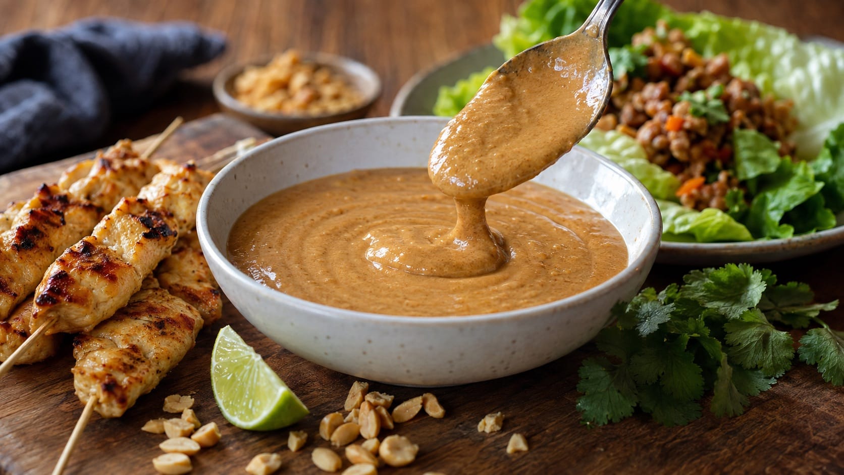 Creamy Cheesecake Factory peanut sauce served with grilled chicken satay, Thai lettuce wraps, fresh cilantro, and a lime wedge.