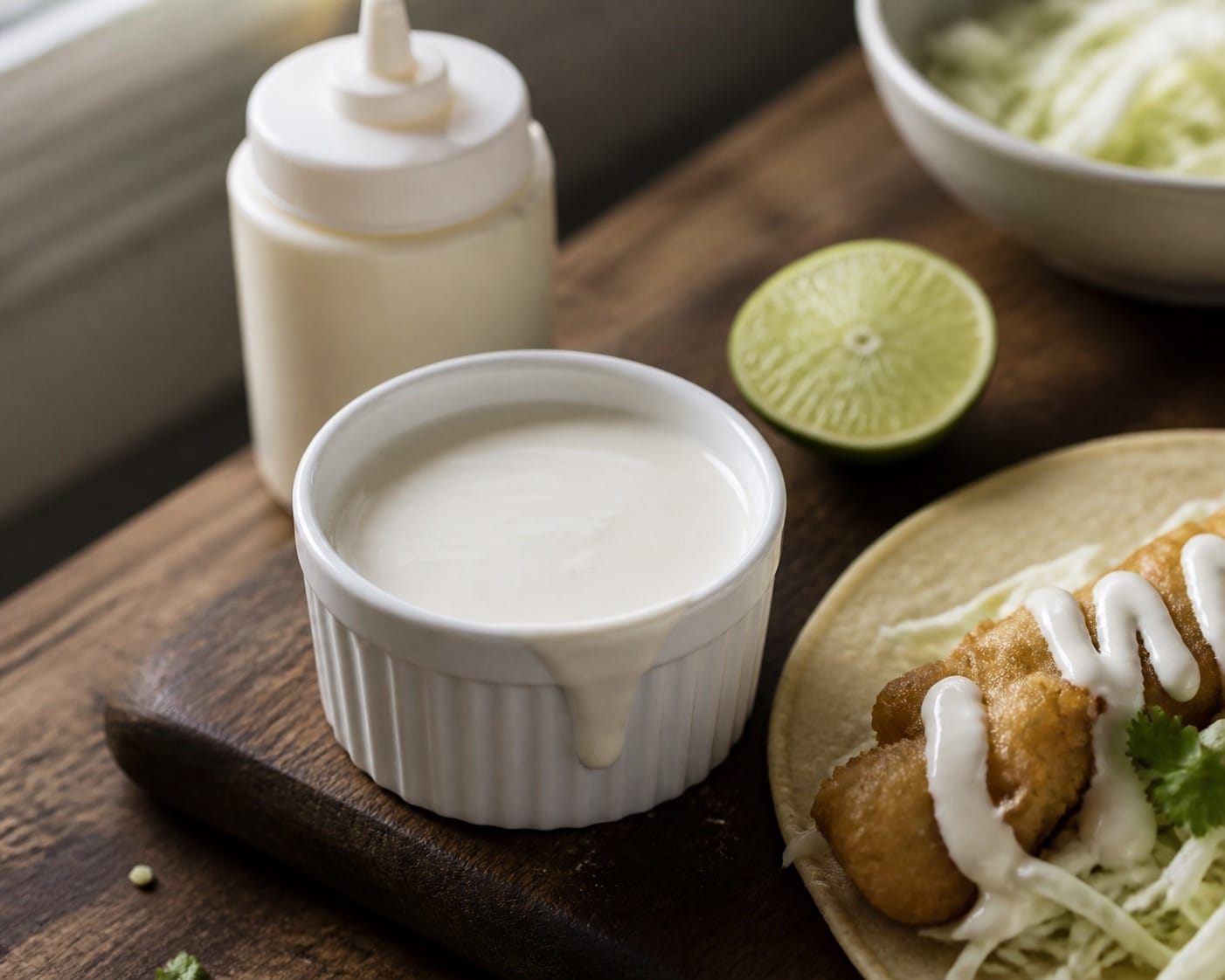 Creamy Rubio's white sauce recipe in a small bowl with fresh lime, ready to drizzle on fish tacos